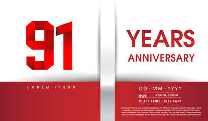 91st Years Anniversary celebration logo, flat design isolated on red and white background, vector elements for banner, invitation card and birthday party.