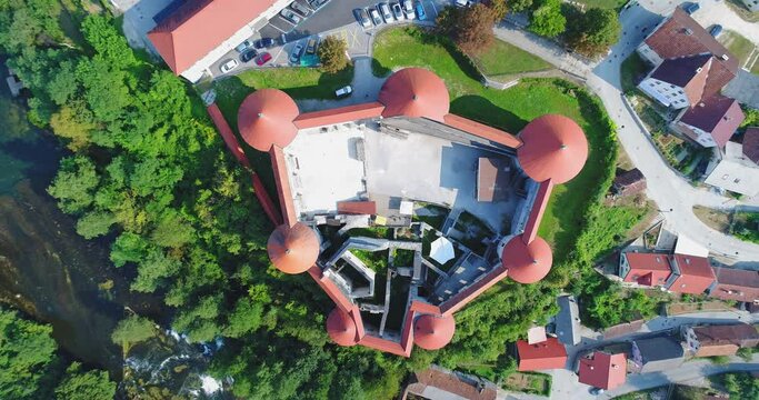 Top aerial view of the  picturesque Zuzemberk Castle