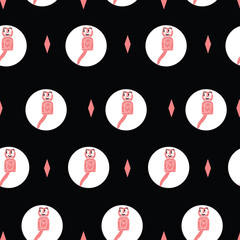 50s cat clock vintage pink and black seamless repeat pattern with diamonds.g
