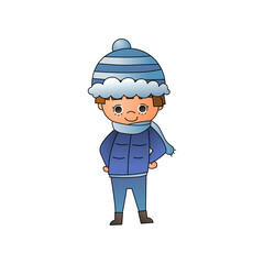 cartoon of cute cartoon girl in a coat on white background.