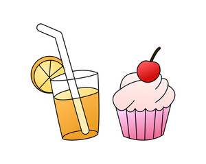 Good morning breakfast with cupcake and orange juice.