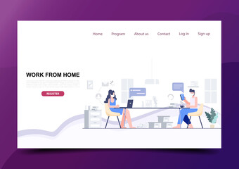 Man and Woman sitting distance Work from home concpet of physical distancing digital media landing page.