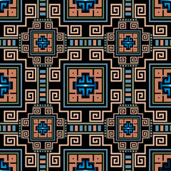 Geometric greek vector seamless pattern. Abstract tribal ethnic style background. Repeat colorful plaid backdrop. Ancient ornaments. Greek square frames, lines, mazes, shapes. Greek key meanders