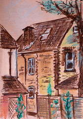 travel sketch graphic drawing of traditional english brick house