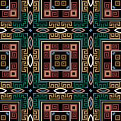 Geometric greek vector seamless pattern. Abstract tribal ethnic style background. Repeat colorful plaid backdrop. Elegant tartan ornament. Greek square frames, lines, flowers, greek key meanders