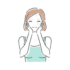 基礎化粧品をつけて肌をしっとり保湿した若い女性のイラスト。