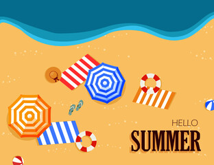 Hello Summer holidays banners design. With umbrella, lifebuoy, map, flip flop, hat and ball top view at the beach. Invitation to templates, banners, postcard, label.