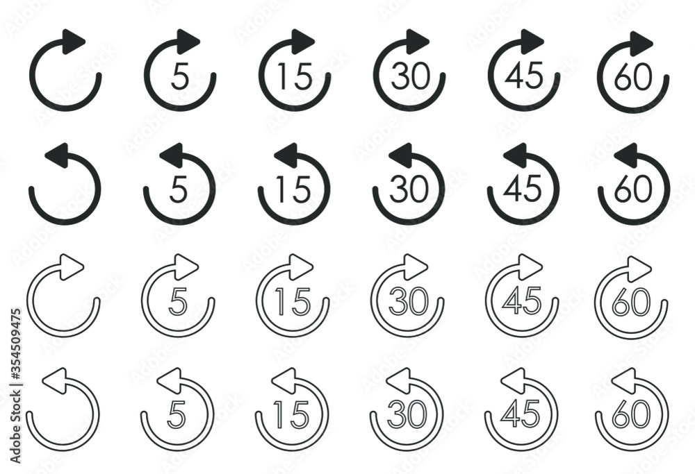 Aufkleber repeat icon for application and web or media player control. repeat 5, 15, 30, 45 seconds simple vec