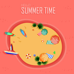 Hello Summer holidays banners design. With umbrella, lifebuoy, map, flip flop, surfboard, boat, ball, starfish and seashell top view at the island. Invitation to templates, banners, postcard, label.