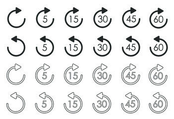 Repeat icon for application and web or Media player control. Repeat 5, 15, 30, 45 seconds simple vector icon. Replay icons.
