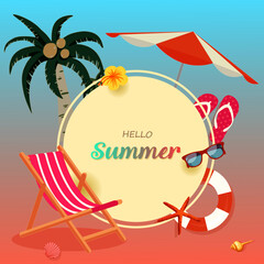 Hello Summer tropical pink pastel color concept with deck chair, lifebuoy, palm tree, umbrella, sunglasses, seashell and starfish at the beach. For Label summer sale, template, banner, billboard