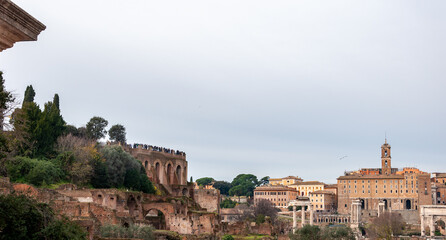 Rome Italy. Eternal city famous in the world. The historic center is on the UNESCO World Heritage List with many points of archaeological interest. View of the Roman Forum.