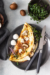 Homemade omelette with mushroom, mozzarella and microgreens on plate over light concrete background. Healthy food concept. Top view.