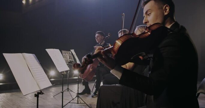 Professional classical orchestra performing famous music at concert on stage of theater. Caucasian men and woman rehearsing together their performance on violins and cello.