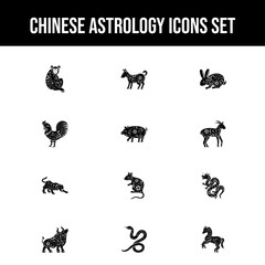 B&W Illustration of Chinese Astrology icon Set.