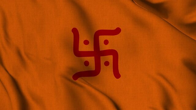 Swastika hindu symbol flag on realistic fabric fluttering in wind seamless smooth animation slow motion