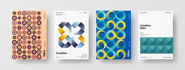 Fototapeta premium Company identity brochure template collection. Business presentation vector A4 vertical orientation front page mock up set. Corporate report cover abstract geometric illustration design layout bundle.