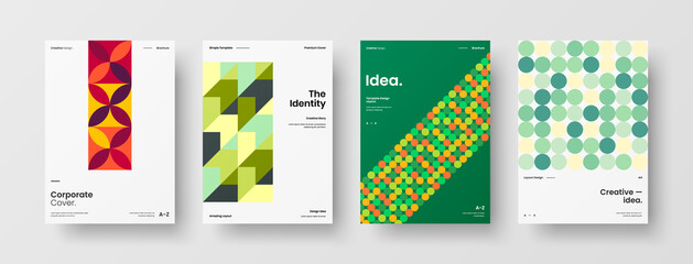 Fototapeta premium Company identity brochure template collection. Business presentation vector A4 vertical orientation front page mock up set. Corporate report cover abstract geometric illustration design layout bundle.