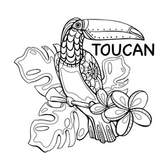 A stylized Toucan bird sits on a branch of a palm tree. Freehand sketch for adult antistress coloring pages with Doodle and zentangle elements.