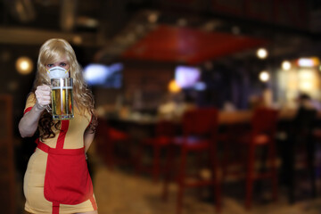 Waitress With N95 Mask Holding Beer Mug, Shallow DOF Focus on Beer