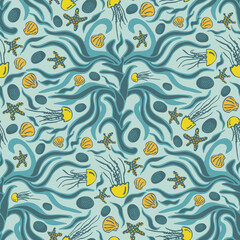 Teal underwater floral seamless vector pattern with posidonia sea grass, starfish, and jelly fish. Surface pattern design for fabric, wallpaper, scrapbooking projects, backgrounds.