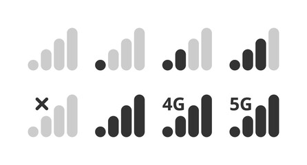 Signal strength indicator set, mobile phone bar status icon. No signal symbol, 4g and 5g network connection level sign. Vector illustration for web, app, design interface