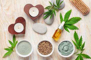 Homemade face mask made of clay with cannabis seeds. Kosmetik concept. Top view. Flat lay
