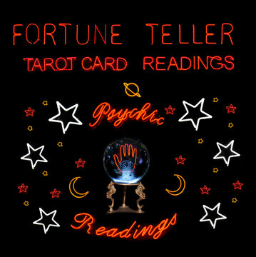 Neon Fortune Teller Sign With Crystal Ball Photo Composite