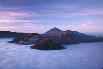 Bromo mountain with fog layer at sunrise, East Java, Indonesia