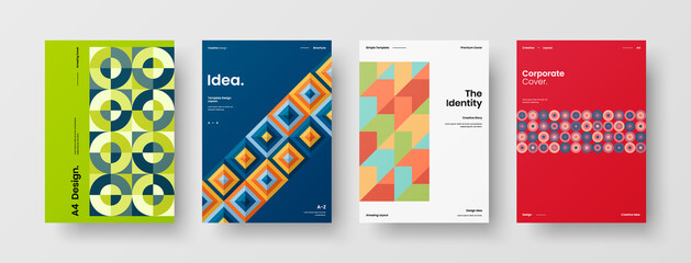 Fototapeta premium Company identity brochure template collection. Business presentation vector A4 vertical orientation front page mock up set. Corporate report cover abstract geometric illustration design layout bundle.