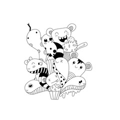 Funny vector doodle illustration. Black and white drawings are drawn by a contour on a white background, coloring book for children.