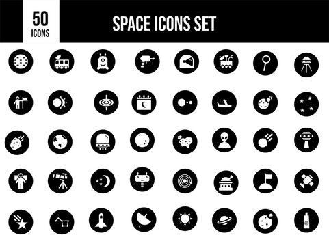B&W Illustration of 50 Space Icon Set.