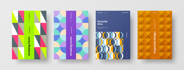 Fototapeta premium Company identity brochure template collection. Business presentation vector A4 vertical orientation front page mock up set. Corporate report cover abstract geometric illustration design layout bundle.
