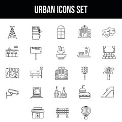 Black Outline Urban Icon Set on White Background.