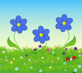 Beautiful nature vector landscape with three blue flowers on colorful meadow