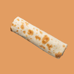 Flat top view of Arabic wrap pita bread, isolated on color background