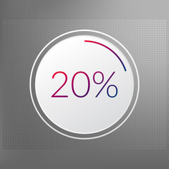 20 percent circle chart symbol. Vector red blue gradient element. Infographic sign on gray dotted background. Illustration, icon for business, finance, report, web design, downloading