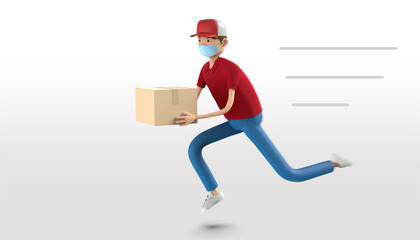 3D rendering fast speedy running delivery man in medical mask with parcels on white background. Express shipping service provide, Courier service during quarantine pandemic coronavirus virus 2019-ncov