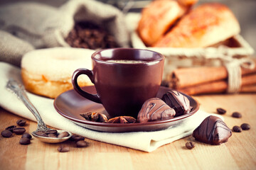 Cup coffee with grain and croissants. Stock photo. Stock photo.