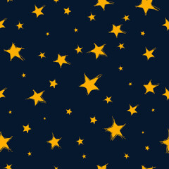 Seamless background starry sky Yellow stars on dark blue background. Vector illustration hand drawn, isolated for design and web.