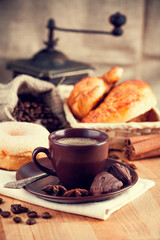 Cup coffee with grain and croissants. Stock photo. Stock photo.