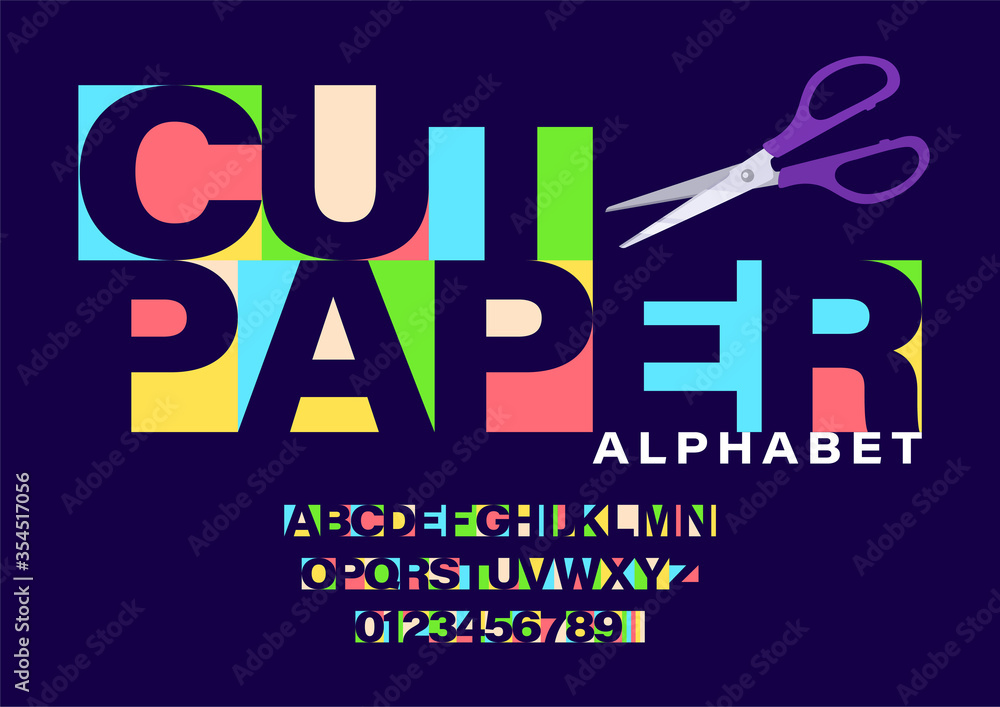 Poster set of colorful paper cut letters and numbers. letters cut out of paper with scissors. craft font an