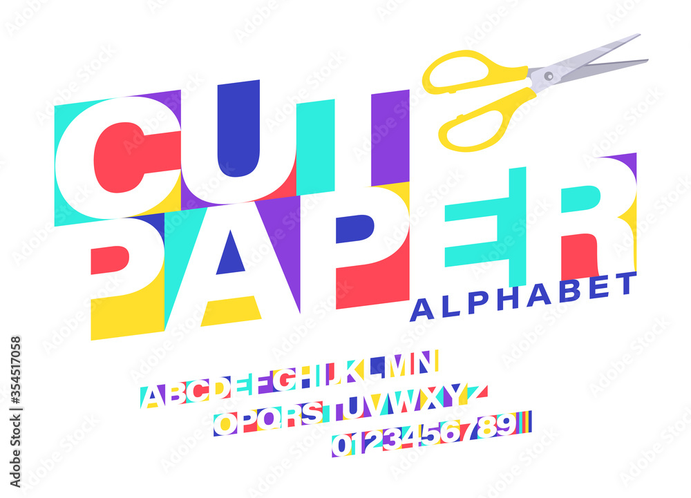 Poster set of colorful paper cut letters and numbers. letters cut out of paper with scissors. craft font an