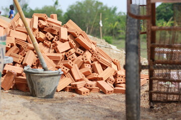 Fototapeta na wymiar Clay brick in construction site in Thailand