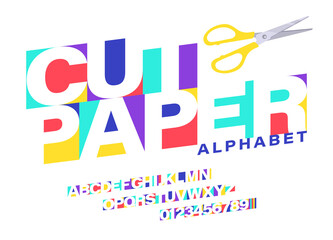 Set of colorful paper cut letters and numbers. Letters cut out of paper with scissors. Craft font and alphabet set