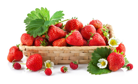 Basket fresh strawberry with green leaf and flower. Isolated on white background.