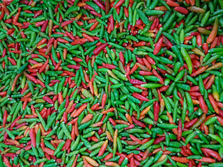 Green and red small thai chili peppers background