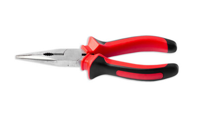 Metal pliers with red and black rubber handle against isolated on white background