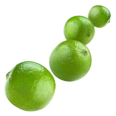 Flying delicious limes, isolated on white background