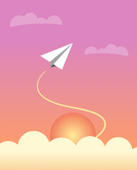 Vector illustration of paper plane flying in sunset sky.